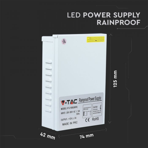 Transformator LED IP45 60W 5A, V-TAC