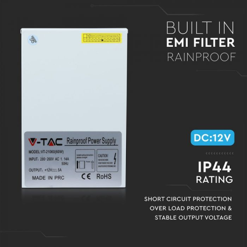 Transformator LED IP45 60W 5A, V-TAC