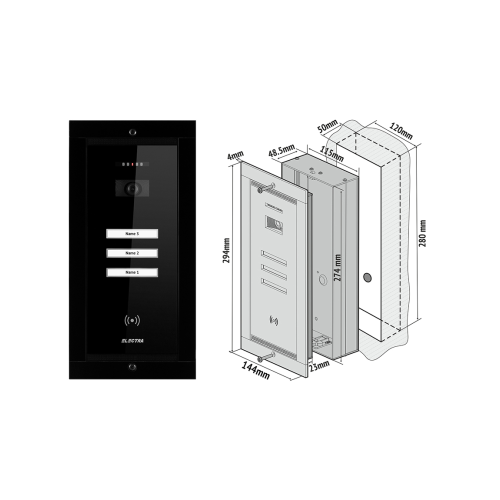 Panou video exterior negru 3 familii incastrat, Electra