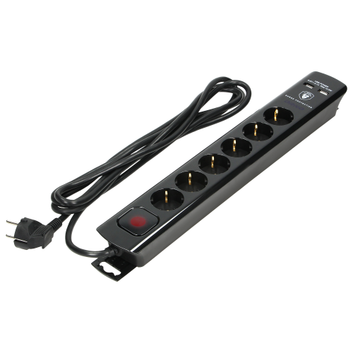 Prelungitor cu intrerupator 3m 6P + 2xUSB negru 16A, Orno