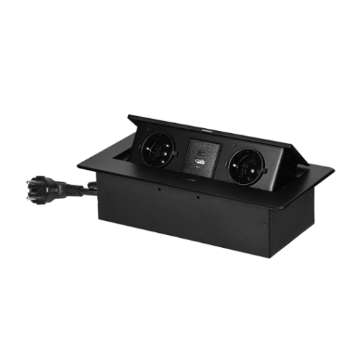 Priza incastrabila cu cablu 2P+2xUSB (tip A+C) negru mat, Orno