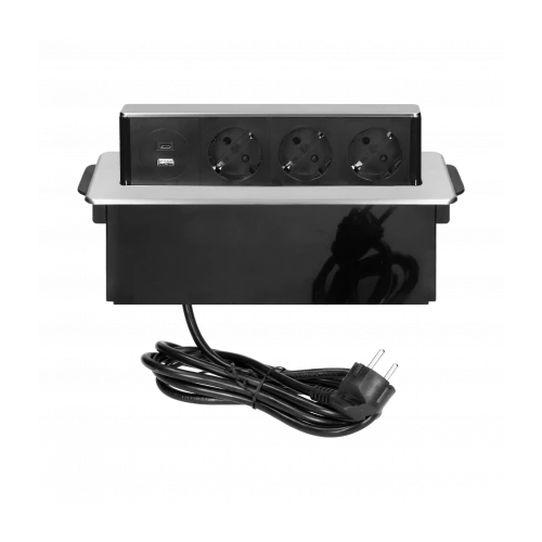 Priza incastrabila cu cablu 3P+2xUSB(tip A+C) argintiu, Orno