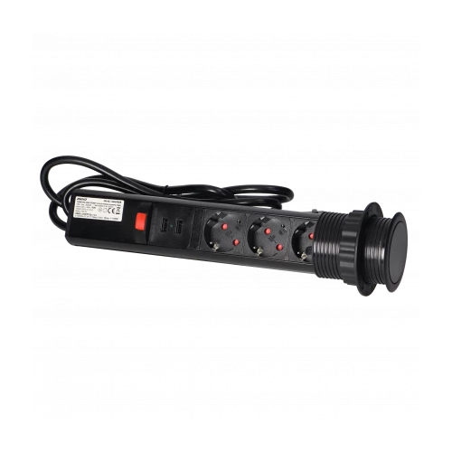 Priza incastrabila cu cablu Ø6 3P+2xUSB negru, Orno