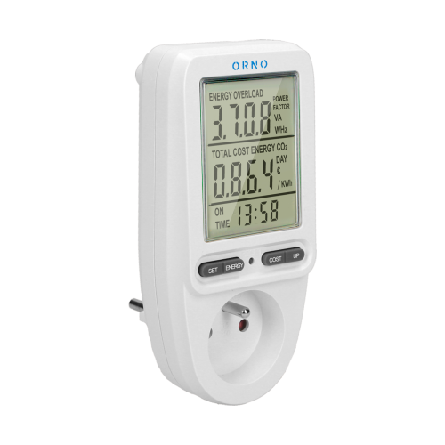 Priza cu calculator de energie cu ecran LCD alb, Orno