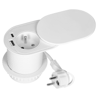Priza incastrabila cu cablu cu capac glisant Ø6 1x2P+T+2xUSB(tip A+C) alb, Orno