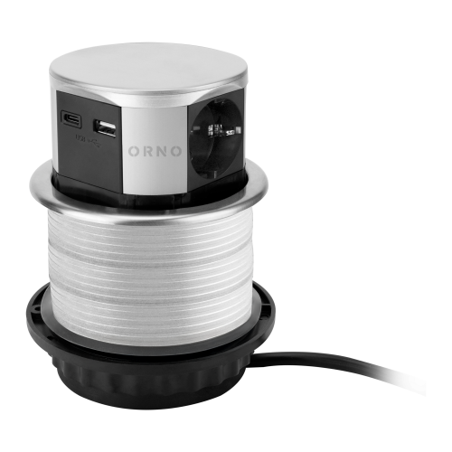 Priza incastrabila cu cablu Ø10 3P+2xUSB(Tip A+C) argintiu, Orno