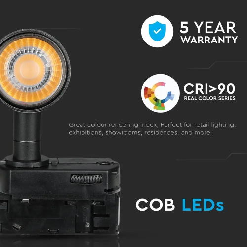 Proiector pe sina Ø60x220x50 20W 3000K negru, V-TAC