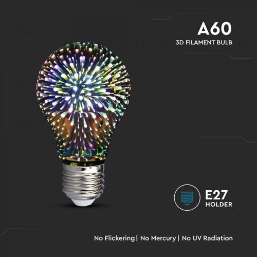 Bec LED filament 3D 3W E27 A60 3000K, V-TAC