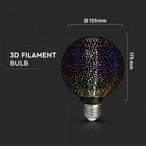 Bec LED filament 3D 3W E27 G125 3000K, V-TAC