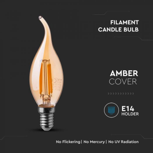 Bec LED filament 4W E14 lumanare cu flacara 2200K, V-TAC
