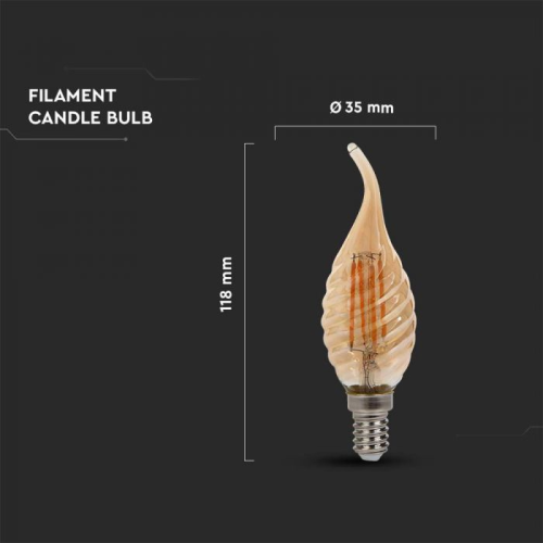 Bec LED filament 4W E14 lumanare rasucita cu flacara 2200K, V-TAC