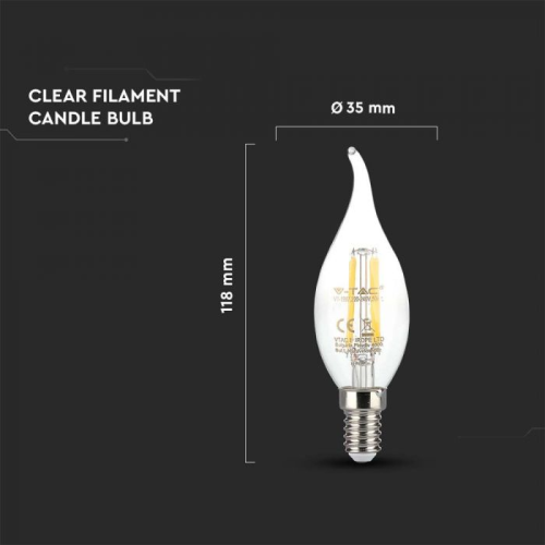 Bec LED filament 4W E14 lumanare cu flacara 3000K, V-TAC