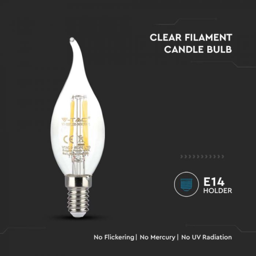 Bec LED filament 4W E14 lumanare cu flacara 3000K, V-TAC