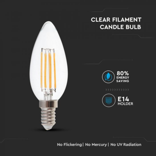Bec LED filament 6W E14 lumanare 2700K, V-TAC