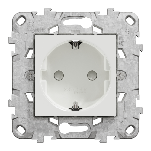 Priza schuko cu obturatoare +suport fixare si gheare Unica alb 16A, Schneider