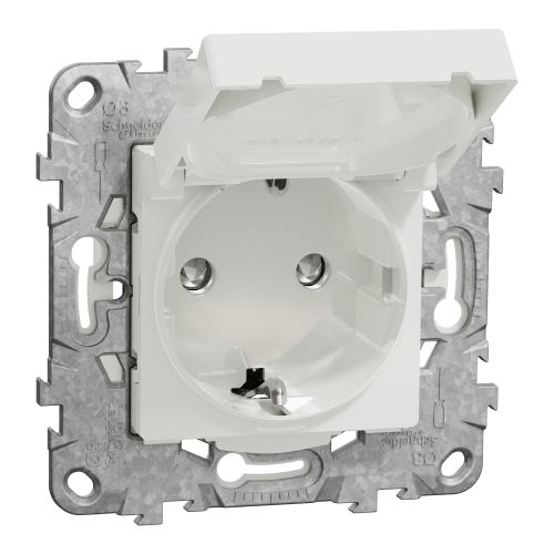 Priza schuko IP44 cu obturatoare si capac +suport fixare si gheare Unica alb 16A, Schneider