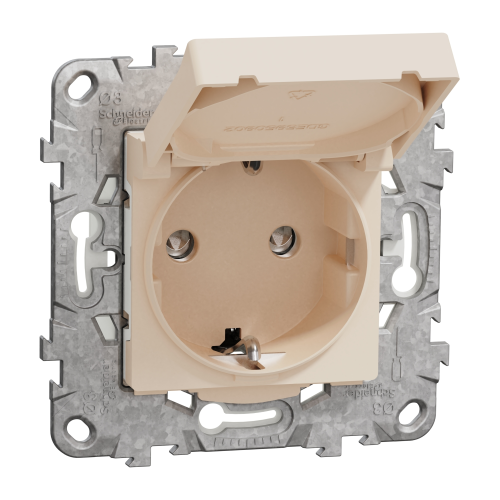Priza schuko IP44 cu obturatoare si capac +suport fixare si gheare Unica bej 16A, Schneider