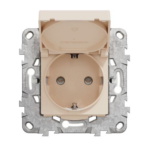 Priza schuko IP44 cu obturatoare si capac +suport fixare si gheare Unica bej 16A, Schneider